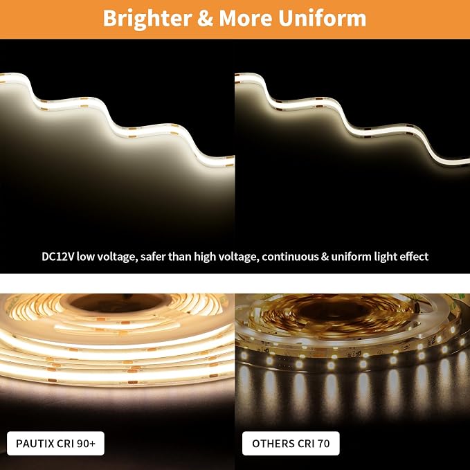PAUTIX COB LED Strip Natural White 4000K IP65 DC12V,18Ft/5.5M 2772LEDs CRI90+ Flexible LED Tape Lights for Cabinet Engineering Home DIY Lighting Project with 8mm Connector(Power Supply Not Included)
