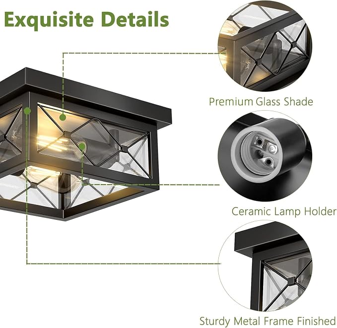 Asnxcju Farmhouse Light Fixtures Ceiling Mount, 2-Light Black Flush Mount Ceiling Light with Clear Glass Shade, Metal Cage Square Close to Ceiling Lamp for Bathroom Kitchen Porch (Bulbs Not Included)