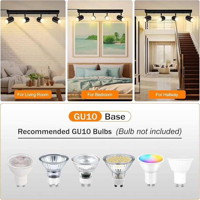 4 Light Track Lighting Kit,Black 4 Way LED Plug in Ceiling Spotlight,Industrial GU10 Wall Light for Kitchen Cabinet Gallery Bar Hallway Living Room,Rocker Switch,15 Foot Cord(No Bulb)