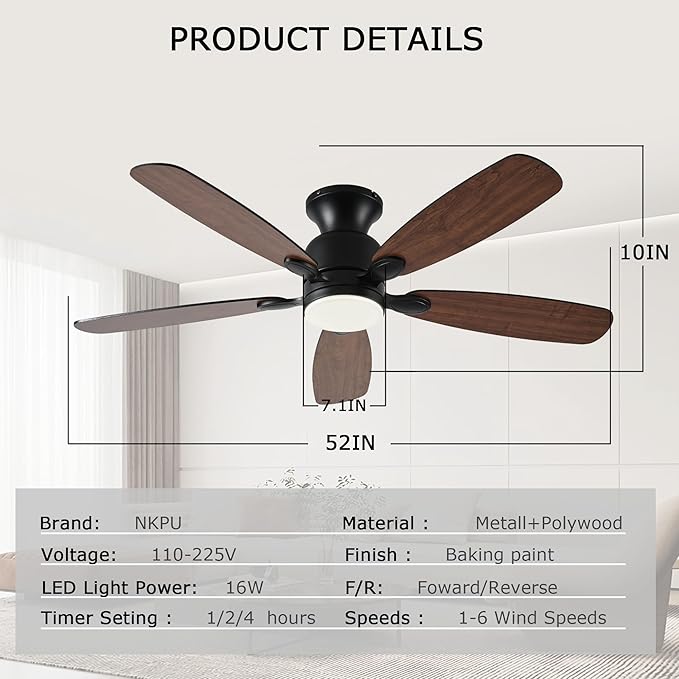 52inch Low Profile Ceiling Fan with Light and Remote/APP Control,Reversible DC Motor,Noiseless,Dimmable,Modern Flush Mount Ceiling Fan for Bedroom,Indoor/Outdoor Use(Brown)