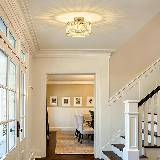 Pevfah Crystal Gold Ceiling Light, 1-Light Semi Flush Light Fixture, 11 in | Flush Mount Hallway Chandelier, Small Light Fixture Ceiling Mount, Modern Ceiling Lamp for Entryway Closet, Bulb Not Included