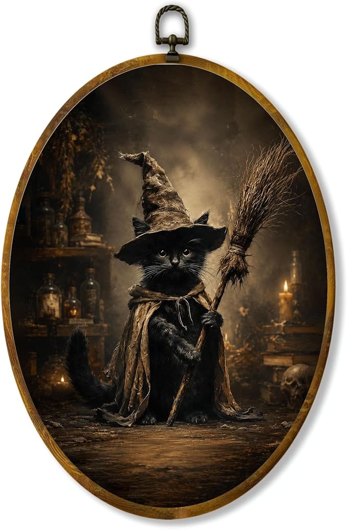 Black Cat Witch Oval Wall Art, Framed Canvas Decor, 8.5x11.5 Inch | Black cat in witch hat with broom, dark gothic spooky Halloween wall decor
