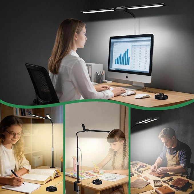 LED Desk Lamp with Clamp, 23.5-31.5 Inches, Black | 24W, 75 Lighting Modes, Flexible Neck Design, Telescopic Height, For Home Office Study Work Craft Paint