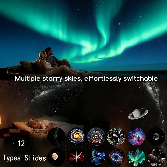 Galaxy Starry Sky Night Light Projector, 2-in-1 Portable with 12 Projection Films, 360° Adjustable Brightness Control Eye‑Caring LED Night Light for Kids Adults Bedroom Home Ceiling Car Decor Gift