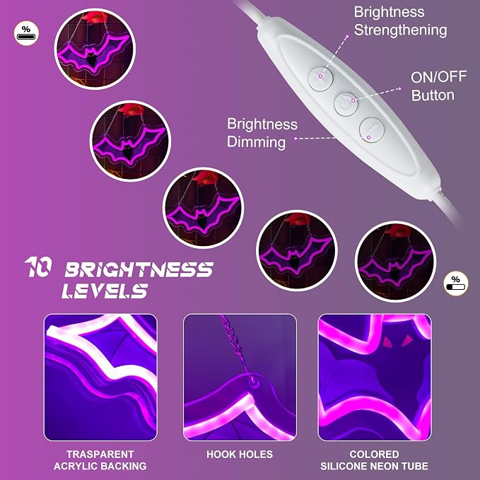 3Pcs Halloween Neon Signs Set Dimmable Pumpkin Ghost Bat Led Neon Light | USB Powered UV-Printed Spooky Neon Light Up Sign for Game Room Wall Halloween Party Presents Holiday Home Decorations