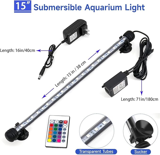15 inch RGB Aquarium Lights, Underwater Fish Tank Lights IP68 Waterproof Color Changing Adjustable Memory Submersible Remote Control Aquarium Tank Sucker Hood Strip Waterfall Lights