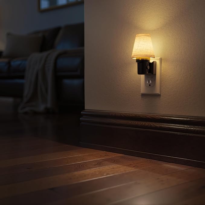 LED Night Lights Plug into Wall Linen Fabric Round Platform | Decorative Night Light, Dusk to Dawn Sensor ,0-100LM Dimmable Vintage Lamp Nightlight for Bedroom Living Room Hallway