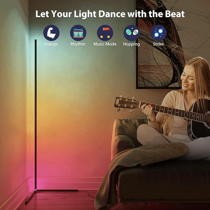 WISIMMALL RGB Corner Floor Lamp, Bluetooth APP and Remote Control Music Sync LED Modern Floor Lamp for Living Room, Light Timing, 398 Dimmable Modes, 64.5" RGB Color Changing Mood Lighting