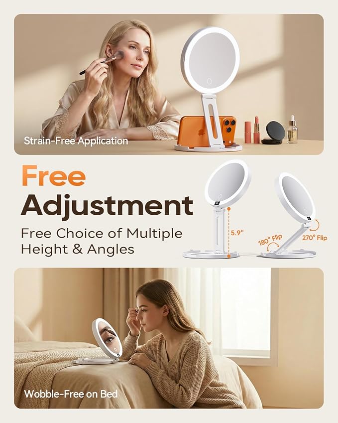 Travel Makeup Mirror with Lights (Gen 3) - 20X/1X Dual Sided Magnifying Mirror - 3 Color Lighting, CRI 95+, Rechargeable - Portable Mirror for Desk & Travel