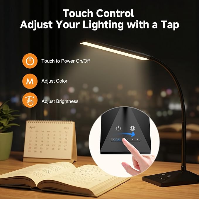 LED Desk Lamp, Eye-Caring Desk Light | 7W 390LM ,5 Color Modes & Stepless Dimming, 360° Flexible Gooseneck Touch Control Table Lamp for Bedroom Bedside Study Black