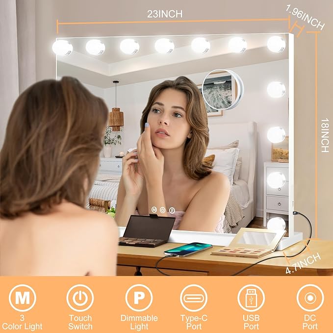 Moonee Vanity Mirror with Lights, Hollywood Lighted Makeup Mirror with 15 Dimmable Bulbs and 10X Magnification, 3 Colors Modes, Light Up Mirror, Perfect Valentine's Day Gift for Her（23" x 18"）