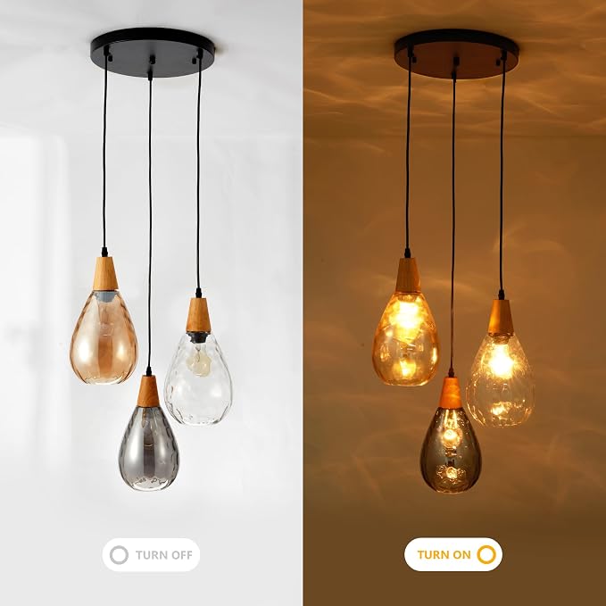 Modern Glass Pendant Light Fixtures, 3 Lights Hammered Glass Pendant Lights, Vintage Cluster Pendant Light in Matte Black Finish, Hanging Lamp for Dining Room Kitchen Sink Foyer Cafe Bar
