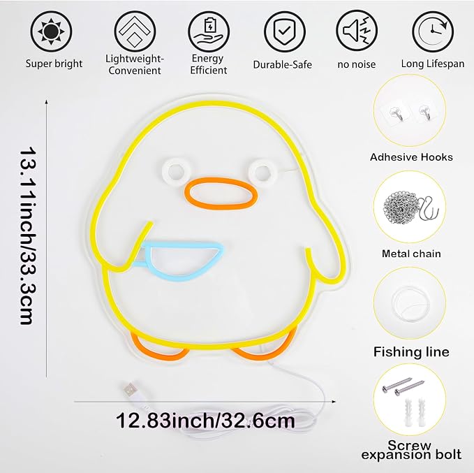 Duck Neon Sign USB Powered Dimmable Cute Yellow Duck LED Wall Light | Cool Duck Neon Light for Game Room Kids Room Bedroom Living Room Nursery & Pet Store Decor Animal Neon Sign Birthday Gift
