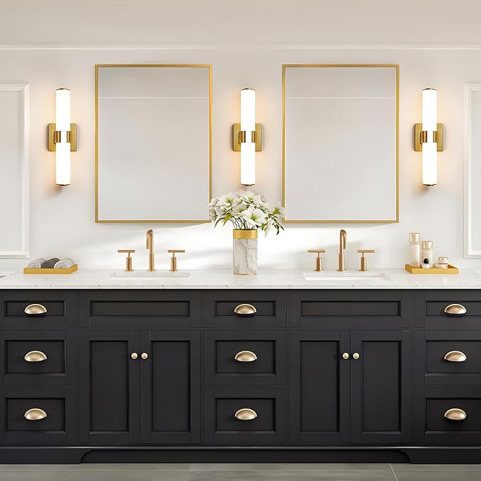 Gold Bathroom Light Fixtures - 16 Inch Modern Vanity Light 15W 5CCT Dimmable LED Bathroom Sconce with Acrylic Shade, Indoor Vanity Lighting Fixtures Over Mirror