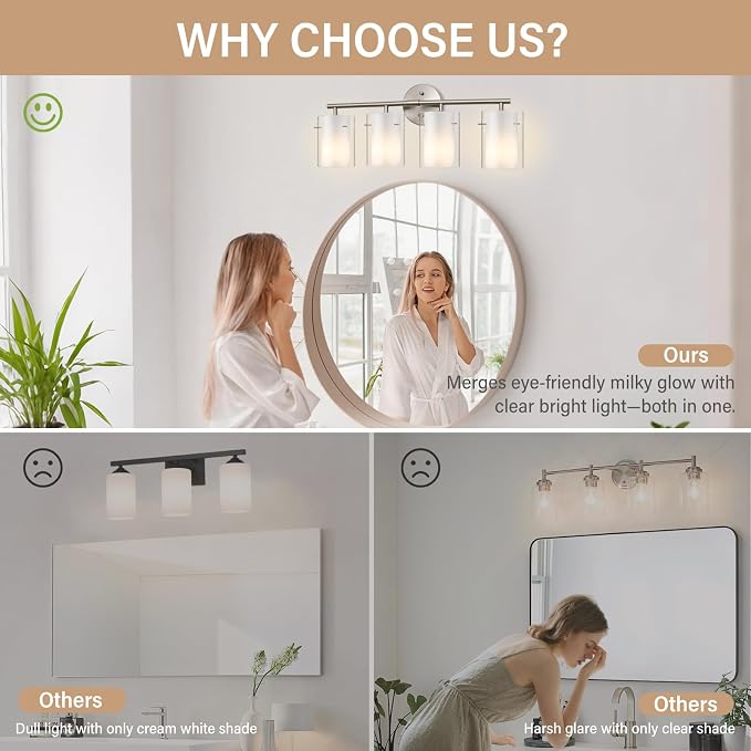 Brushed Nickel Bathroom Light Fixtures Over Mirror, 4-Light 26-Inch Vanity Lights with Dual Glass Shades, Eye-Friendly Modern Vanity Lights for Bathroom Bedroom Living Room Hallway