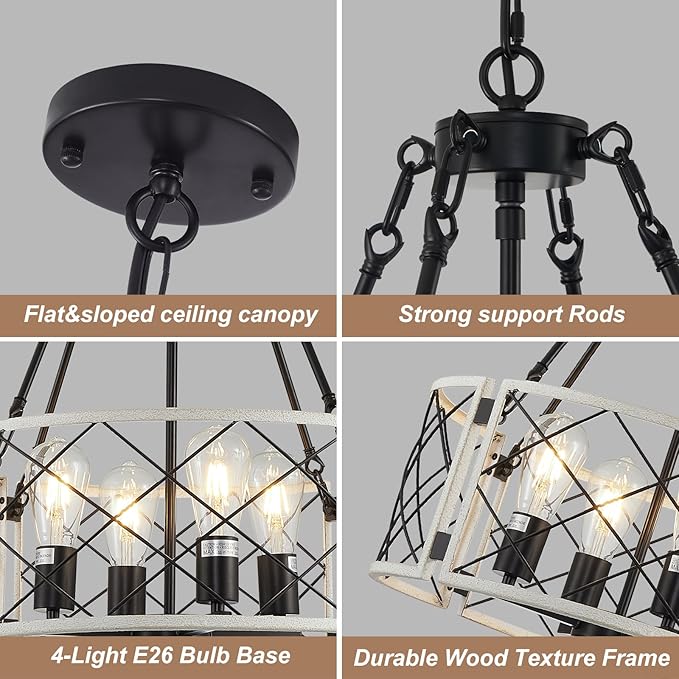20'' Farmhouse Chandelier, 4-Light Black & Vintage White Dining Room Light Fixture Over Table, Rustic Industrial Drum Hanging Pendant Lights for Kitchen Island Living Room Bedroom Hallway Entryway