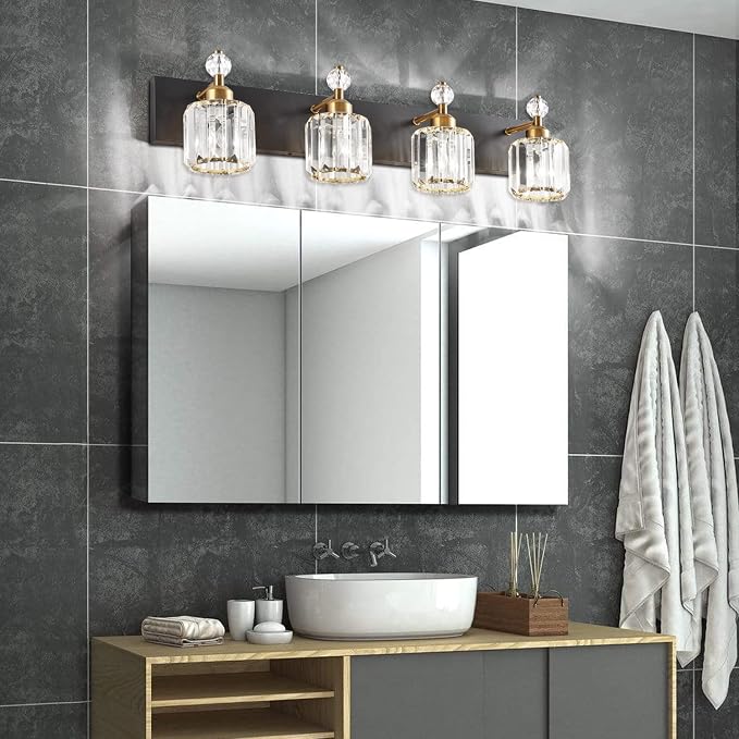 PRESDE 4-Light Crystal Bathroom Vanity Light, Modern Black and Gold Bathroom Lights Fixtures Over Mirror Modern Bath Wall Sconce