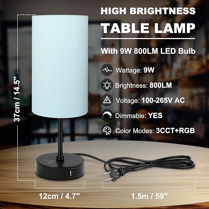 Table Lamp for Bedroom, 3 Color Temperatures, 7 RGB Colors, Adjustable Brightness, Dual USB Charging Ports, Ambience Nightstand Light with Blue Shade, Desk Lamp for Kids Reading Home Office