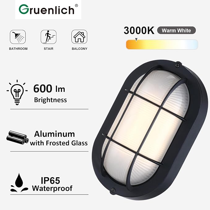 GRUENLICH LED Bulkhead Light Fixture, Aluminum Outdoor Wall Lantern, 8.5" | Oval Exterior Porch Light Wall Sconce for House Walkway Nautical Sauna, Dimmable 6W 600 Lumen, Glass, 3000K, Black, 1 Pack