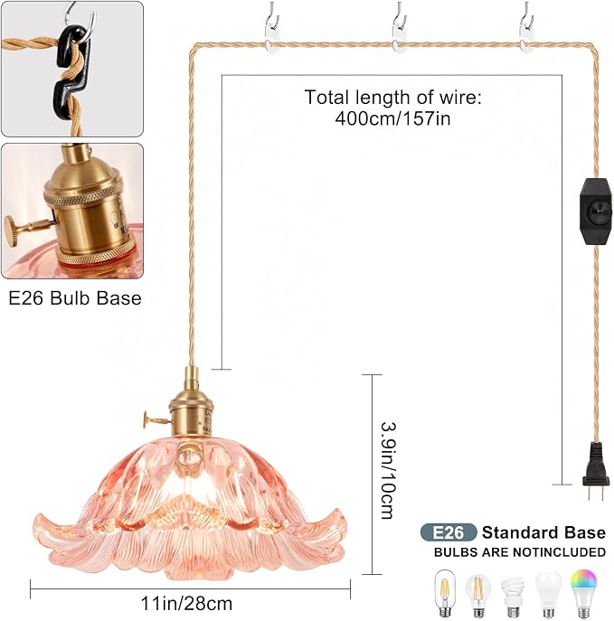 Plug in Pendant Light Fixtures,Hanging Light Fixture Corded On/Off Switch,11 inch E26 Pink Glass Lampshade Pendant Lighting for Kitchen Island, Bedroom, Dining Room