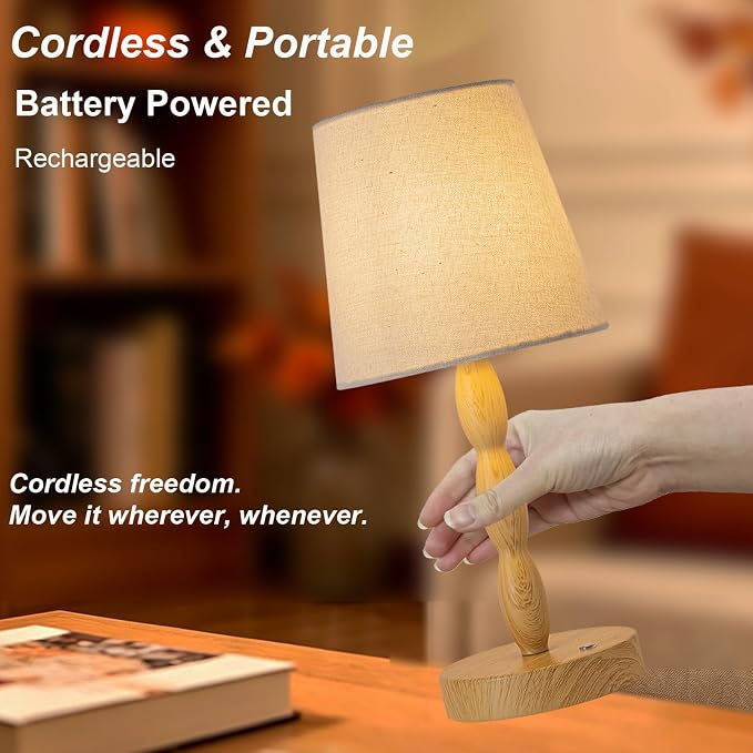 Rechargeable Cordless Table Lamp, 5000mAh Battery Powered Touch Desk Lamp, 3-Level & Stepless Dimmable Night Light, Portable Bedside Lamp for Bedroom, Outdoor, Bulb Included, Wood Grain