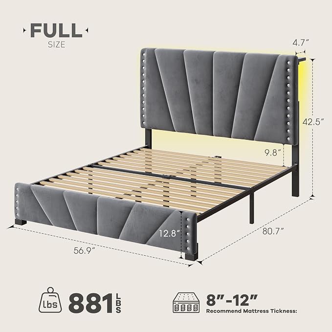 EnHomee Full Size Bed Frame with LED Lights & USB, Noise-Free, Grey | Adjustable Velvet Headboard，Under-Bed Storage，Heavy Duty Support with 12 Slats，No Box Spring Needed，Easy Assembly for Bedroom
