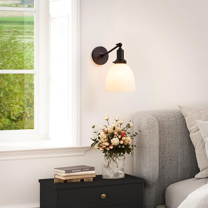 Industrial Sconces Vintage Slope Pole Wall Mount Single Sconce with 6.7" Oval Dome Milk White Glass Shade Wall Light Fixture for Livingroom Bedroom