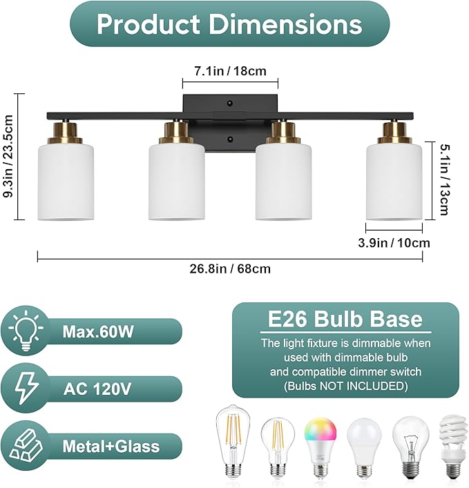 Ascher Bathroom Light Fixtures, 4-Light Vanity Light Over Mirror, Black and Gold Wall Sconces with Milky White Frosted Glass Shades, Wall Lamp for Living Room Bedroom, E26 Base(Bulbs Not Included)