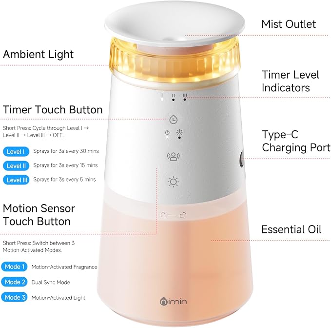 NIMIN Motion Activated Essential Oil Diffuser, Smart Wireless Scent Air Machine with 280ml Jumbo Capacity, 30dB Quiet Waterless Diffusers for Home, Bedroom, Bathroom, 4-Color Ambient Light