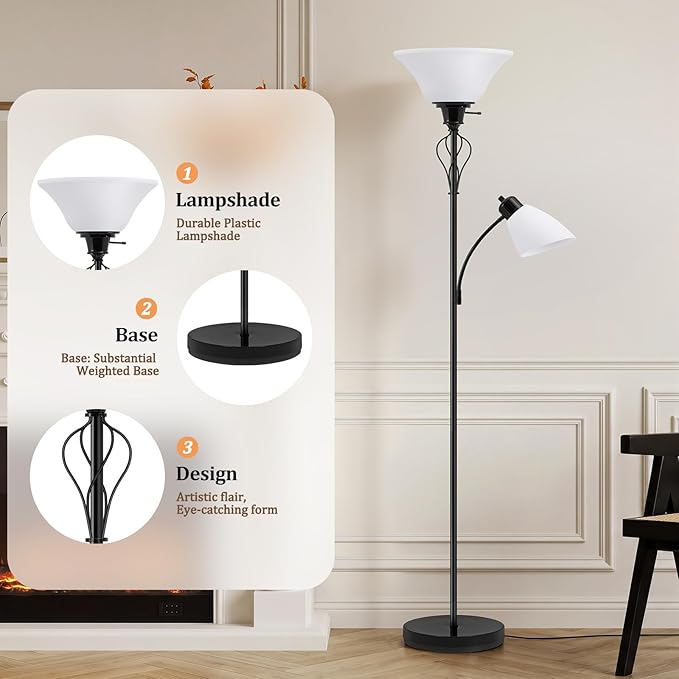 Floor Lamps for Living Room, 70" Tall Torchiere Floor Lamps, Plastic Shade | Tall Lamp with Adjustable Gooseneck Reading Light, Modern Corner Standing Lamp for Bedroom, Office, Separate On/Off Switch