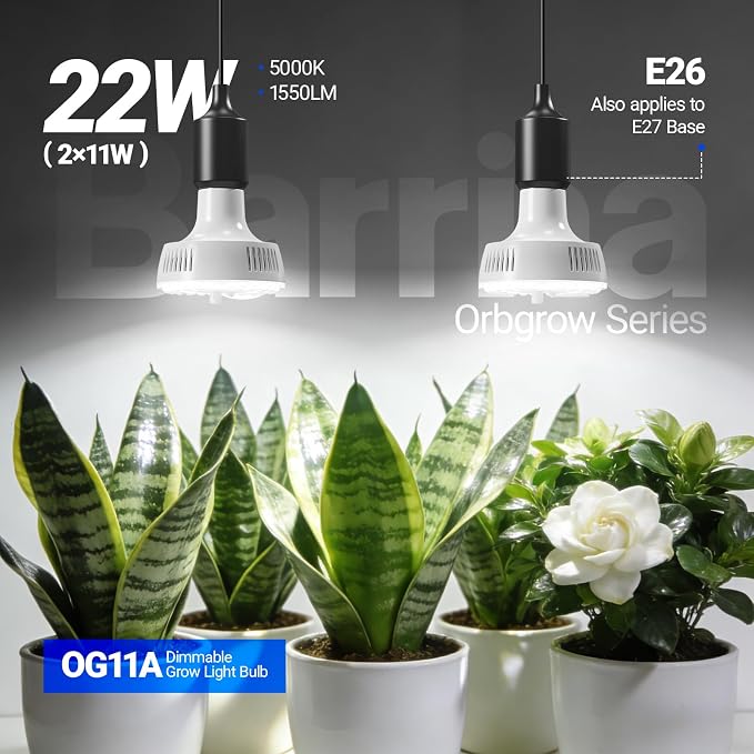 Barrina OG11A Grow Light Bulbs for Indoor Plant, 5000K 11W, 2 Packs, White | Integrated Dimming & Timing, E26 Plant Light Bulb, Full Spectrum, High PPFD for Seeds and Greens