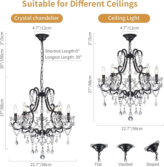 Black Crystal Chandelier, 5-Light Modern Black Chandelier for Dining Room Light Fixture, Crystal Pendant Ceiling Light Fixture, Modern Candle Chandelier for Living Room Kitchen Island Entryway Bedroom