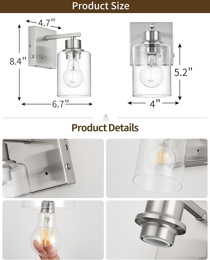 Rayogale Wireless Battery Operated Wall Sconce Set of 2 with Remote Control | Nickel Dimmable Rechargeable Wall Lights with Timer, Easy Install Glass Lamp for Living Room Bedroom, Emergency 3000K