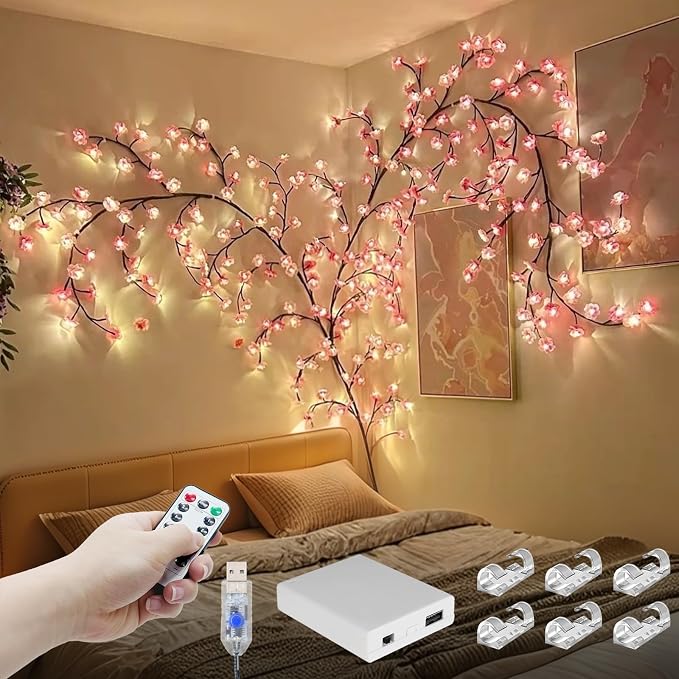 7.55FT 144LED Pink Cherry Blossom Tree Branch Lights for Wall Battery Box | Cherry Enchanted Willow Vine Lights with Remote Timer, 8 Light Model for Bedroom Wall Doors Wedding, Christmas