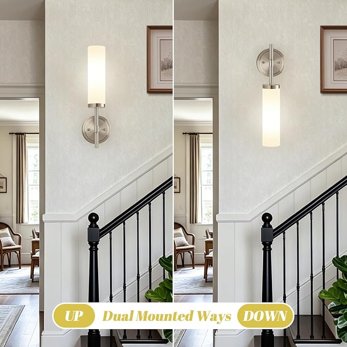 [Hardwired] Wall Sconces Set of Two, Brushed Nickel Bathroom Sconces with Milky White Glass, Modern Wall Light Fixtures for Bathroom Mirror Vanity, Living Room, Hallway, Stairway, Cabinet, Foyer