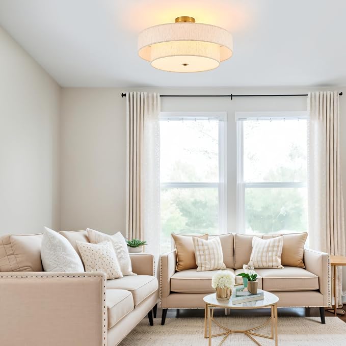 Modern Semi Flush Mount Ceiling Light 21.7" Modern Gold 4-Lights Drum Ceiling Lighting Fixture Vintage Linen Golden Ceiling Lamp for Laundry Room, Kitchen, Living Room, Dining Room, Bedroom
