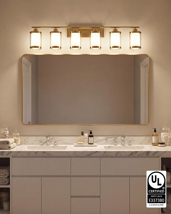 6-Light Brushed Gold Bathroom Light Fixtures Over Mirror with Frosted Milk Glass and Metal Cage Shade, 42" UL-Listed Modern Farmhouse Wall Sconce for Bath, Hardwire E26, OS-3014BGW-6W