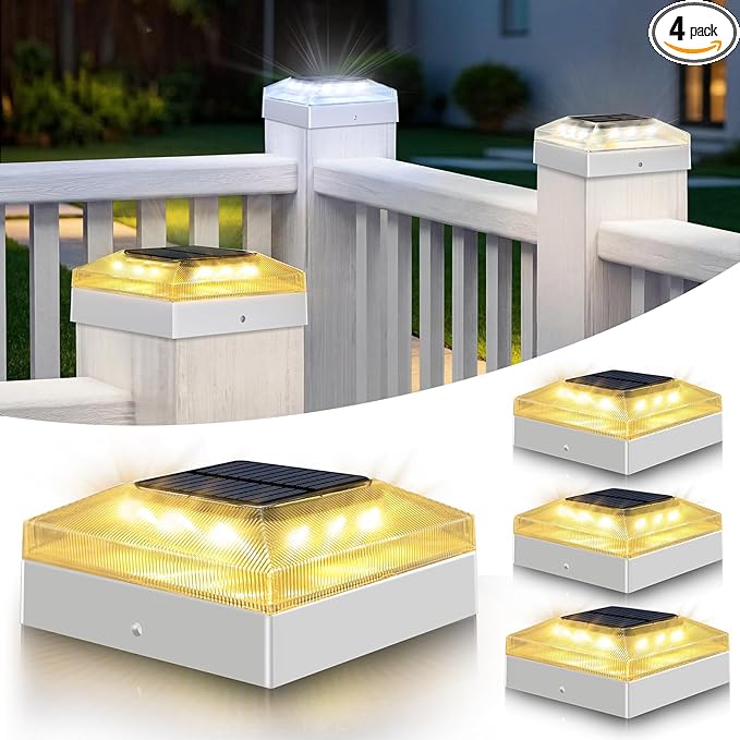 4x4 Solar Post Cap Lights Outdoor 4 Pack, 3 Color Modes/Dusk to Dawn/IP65 Waterproof, Fits 4x4 Vinyl/PVC Wood Posts Top, White LED Fence Topper Light for Deck, Porch, Backyard