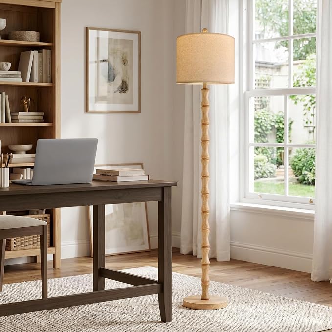 62" Farmhouse Floor Lamp for Living Room, Rustic Standing Lamp with Linen Shade and Rotary Switch, Tall Resin Corner Floor Lamp for Bedroom, Nursery, Office, Home Decor