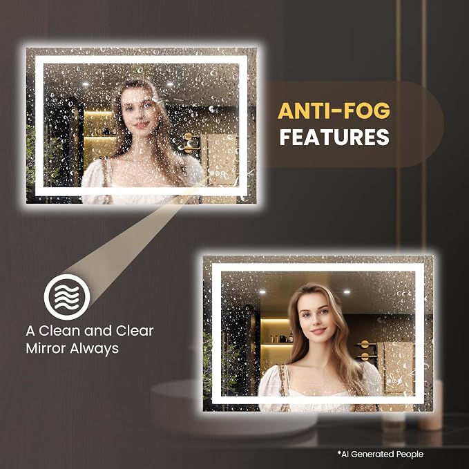 LOAAO 50"X34" LED Bathroom Mirror with Lights | Anti-Fog, Dimmable, 3 Color Temperature, Backlit + Front Lit, Memory Function, Tempered Glass, UL Listed