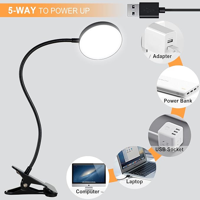 LiFMIRA Clip on Lamp, 8W 66 LED Bed Light for Reading, 5 Color Modes, 10 Brightness Levels, Eye Care, Flexible Gooseneck, Metal Clamp, USB Powered, Modern Design, Black | 5 Color Modes, 10 Brightness Levels, Eye Care Clip on Light, Flexible Gooseneck, ...