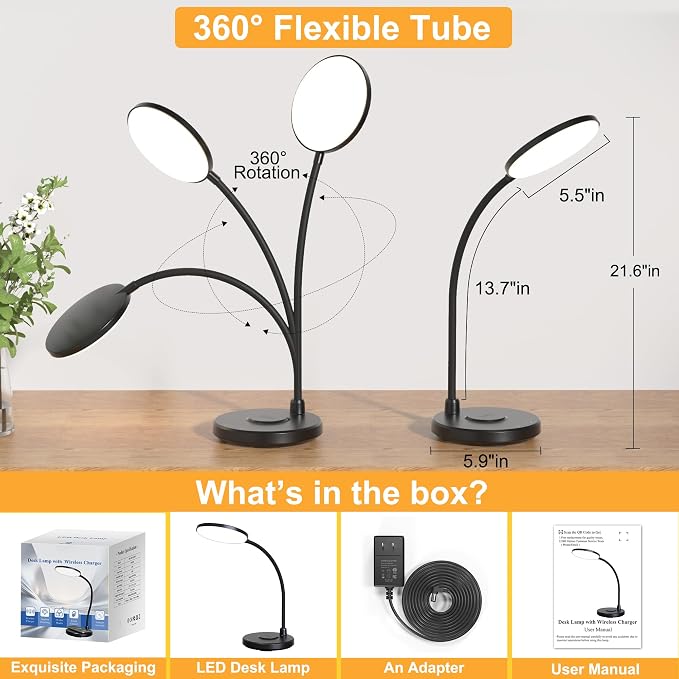 10W Wireless Charger Desk Lamps, Home Office, 800LM CRI95+,Black | Eye-Caring Led Desk Lamp with 3 Color Change, Dimmable, Adjustable Arm Table Lamp for Bedside, College Dorm, with Adapter