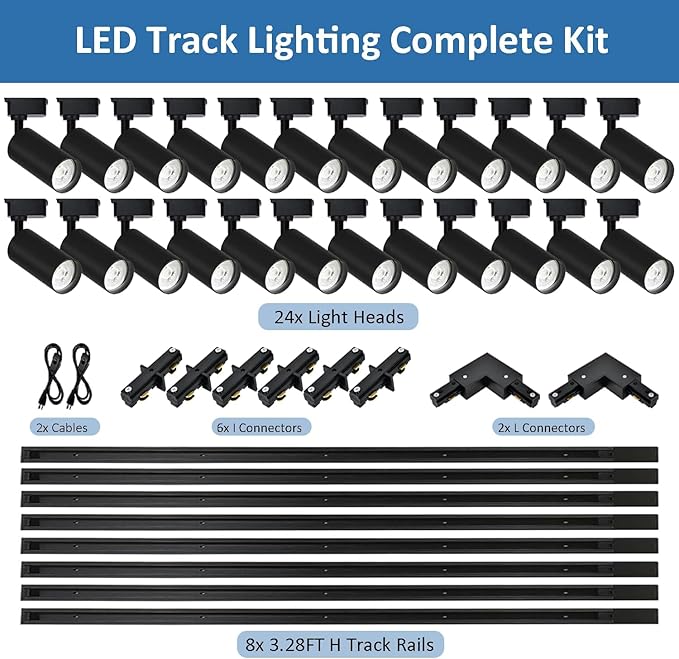 Super Brightness 25W 2000lm Black H Type LED Track Lighting Kit System,4000K Cool Light Dimmable Brightness，with 26 FT Track Rails, Ceiling Spotlight Fixture with Installation Package