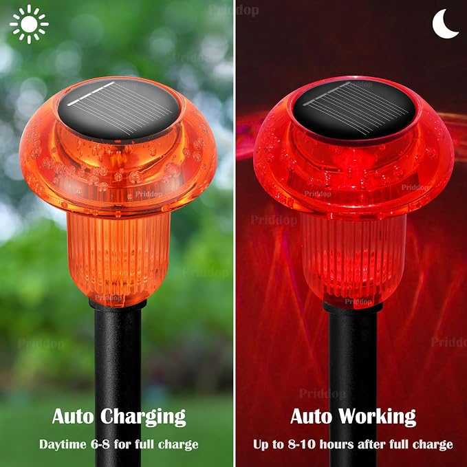 Priddop Solar Garden Lights Outdoor Waterproof 8 Pack Red LED Mushroom | Yard Pathway Walkway Patio Landscape Path Lights, Acrylic ABS, Ground Patterns, Outside Halloween Christmas Decorations