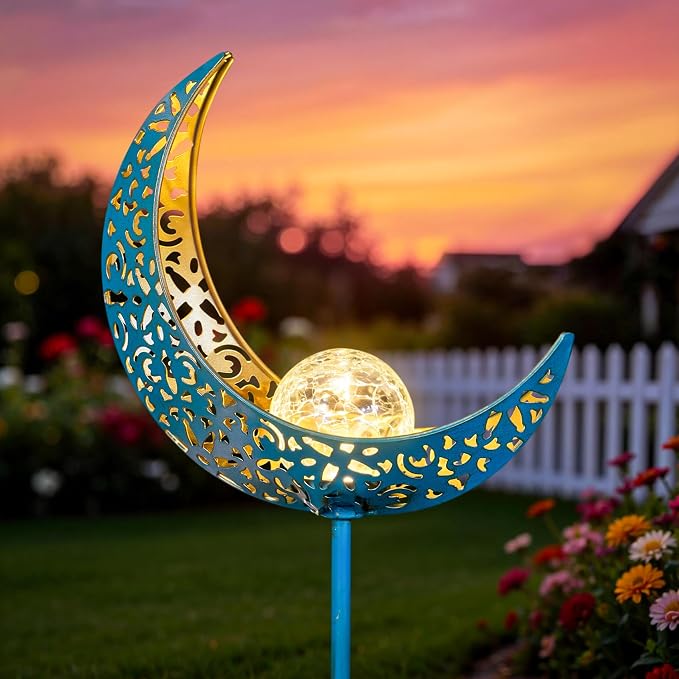 Moon Solar Garden Lights Outdoor Stakes, Waterproof Crackle Glass Metal Yard Lights for Lawn, Patio Accessories, Backyard Decor, Birthday Gifts for Mom
