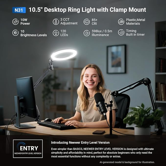NEEWER Entry Level Version 10.5" Overhead Desktop LED Ring Light, Clamp Stand for Desk/Remote/Phone Holder Compatible with iPhone, 10W Streaming Recording Selfie Laptop Video Conference Lighting, N31