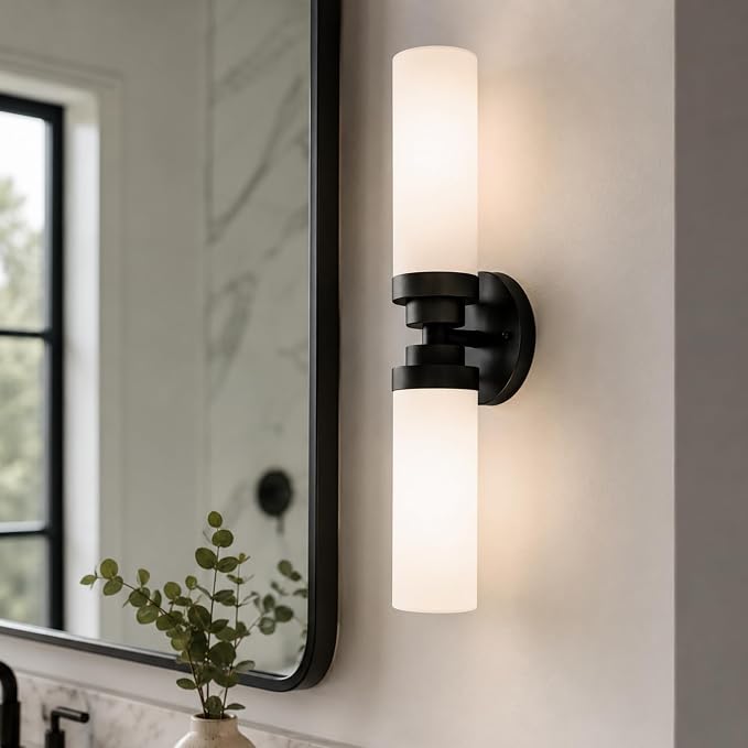 Emak 2 Light Black Vanity Lights for Bathroom, 22 Inch Bathroom Light Fixtures Modern Wall Sconces with Milk Glass Shade for Bathroom, Bedroom, Hallway, VL085-BK-ML-2