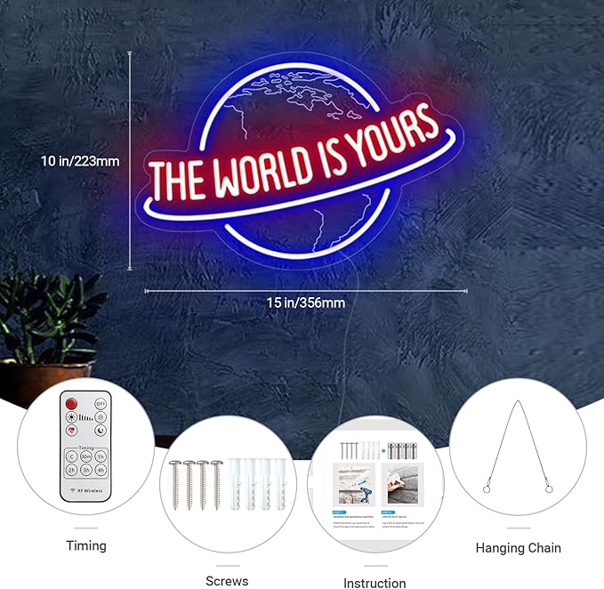The World Is Yours Neon Sign, Remote Dimmer Planet LED Neon Light Lamp for Wall Decor, USB Power for Man Cave Home Bar Bistro Club Cafe Wedding Game Room Bedroom Birthday Gift Graduation Party