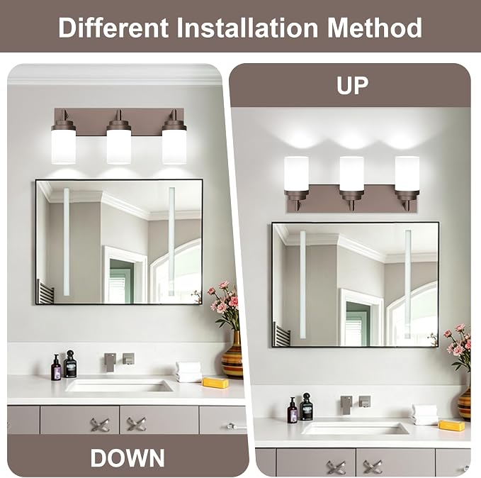 Bathroom Light Fixtures, Oil Rubbed Bronze Bathroom Lighting Fixtures Over Mirror, Modern Vanity Light with White Glass Shade, Restroom Lighting Fixtures, 3-Light 22-inch