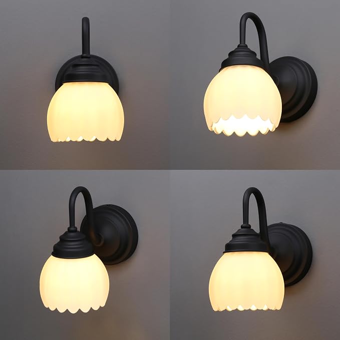 Phansthy Vintage Brass Boho Wall Sconces, Hardwired Wall Lights with Tulip Glass Lampshade, Brass Vanity Lamp Modern Wall Lighting Fixtures for Bedroom, Living Room, Hallway (Black + White Shade)